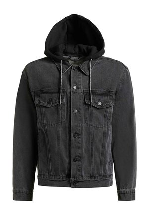 Mustast teksast jakk, millel on ees nööbid, rinnataskud klappidega ning must kapuuts tõmblukkudega.