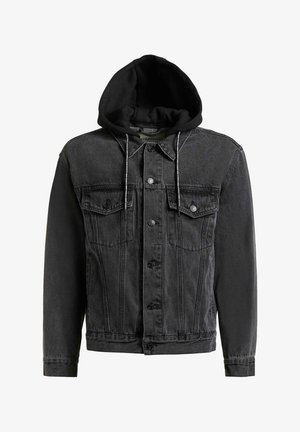 Mustast teksast jakk, millel on ees nööbid, rinnataskud klappidega ning must kapuuts tõmblukkudega.