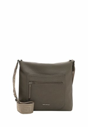 Gray leather crossbody bag with pebbled texture, front zip pocket, and a patterned strap. Features logo accent on the front.