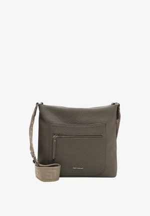 Gray leather crossbody bag with pebbled texture, front zip pocket, and a patterned strap. Features logo accent on the front.