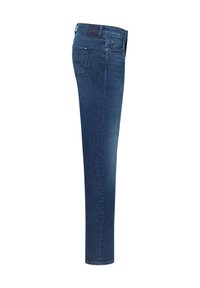 Sötét kék farmerből készült skinny farmernadrág, öt zsebbel, övhurkokkal és sima hátpanelekkel. Simaságával kiemelkedő anyagtextúra.