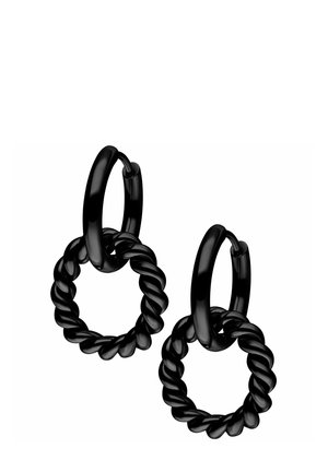 Black earrings featuring a twisted hoop design and a smooth, polished texture. The overall shape is circular with a substantial appearance.