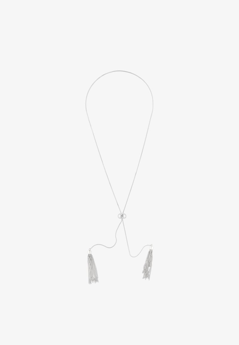Collana d'argento con una catena sottile, caratterizzata da due lunghe frange a ciascun estremo. Texture liscia con un gancio rotondo al centro.