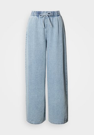 Light blue, wide-leg denim pants with an elastic, drawstring waist; features two side pockets and clean finishes at the hem.