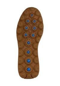 Semelle de chaussure en caoutchouc marron présentant des motifs circulaires en relief avec des accents bleus. Profil rond remarquable avec des trous de ventilation espacés uniformément.