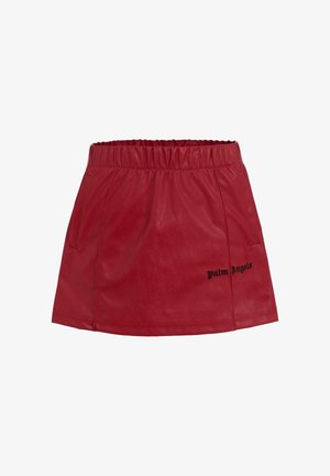 Gonna mini in ecopelle rossa con elastico in vita, due tasche laterali e testo ricamato nero "Palm Angels" sul fronte.