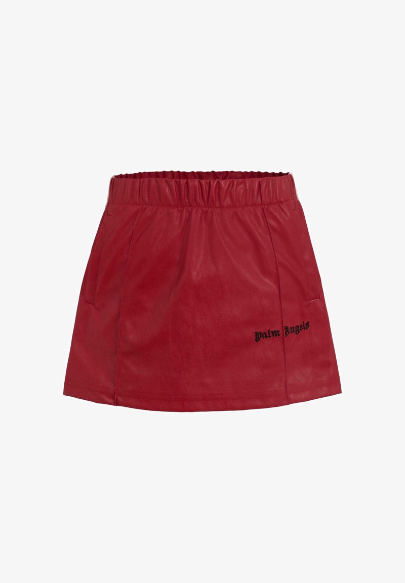 Czerwona mini spódnica z ekoskóry z elastyczną talią, dwoma bocznymi kieszeniami oraz czarnym haftowanym napisem "Palm Angels" z przodu.