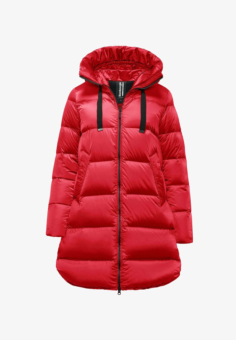 Rote Pufferjacke mit Kapuze, featuring einen Reißverschluss vorne, schwarzen Akzenten, gestepptem Textur und einem längeren Schnitt, der zusätzlichen Schutz bietet.