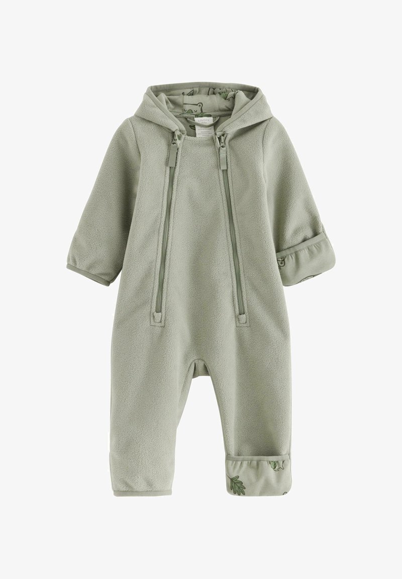 Grøn fleece-overall med hætte, der har lynlåse, rullede ærmer og blomsterbroderi på manchetten. Blød tekstur og varm design.