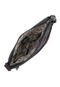 Gray fabric pouch with a zipper, featuring a patterned interior in cream and dark ink. Includes a small clip and contrasting red accents.