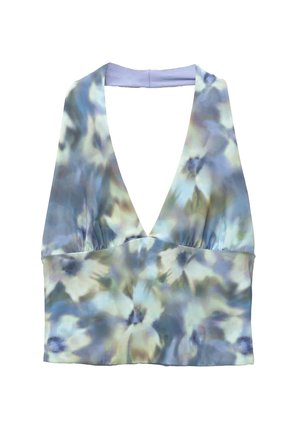 Top senza maniche a collare con scollatura a V profonda, caratterizzato da un motivo floreale astratto blu e verde e un colletto solido di un azzurro chiaro.
