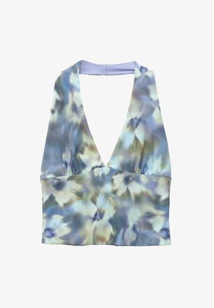Ärmelloses Halftertop mit tiefem V-Ausschnitt, das ein blaues und grünes abstraktes Blumenmuster und einen einfarbigen hellblauen Kragen aufweist.