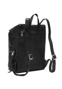 Sac à dos en cuir noir avec des bretelles réglables, compartiment principal zippé, poche frontale, texture lisse et accents métalliques.