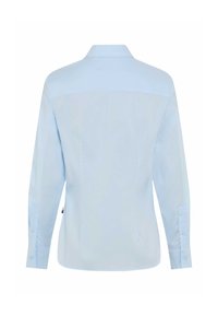 Light blue long-sleeve shirt featuring a classic collar, buttoned cuffs, and a tailored fit with a smooth, textured fabric.
