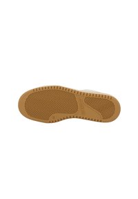 Brown rubber outsole with a herringbone pattern, featuring a rounded toe and textured surface, marked with size 38.