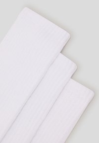 Tre calzini bianchi in cotone con una texture a coste, piegati ordinatamente. Il tessuto appare morbido e leggero, adatto per un abbigliamento informale.