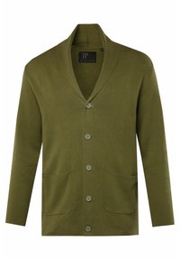 Olivgrüner Strickcardigan mit Schalkragen, fünf Knöpfen und zwei Fronttaschen, ausgestattet mit einem strukturierten Muster und ribbed Kanten.