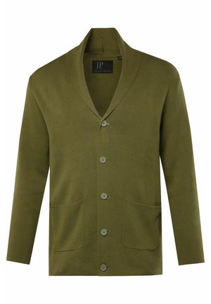 Olivgrüner Strickcardigan mit Schalkragen, fünf Knöpfen und zwei Fronttaschen, ausgestattet mit einem strukturierten Muster und ribbed Kanten.