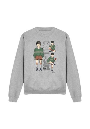 Grey sweatshirt featuring an illustrated character with three poses, styled in green and brown attire, alongside text that reads "CHUL-SU."