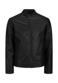 Sort faux læderjakke med lynlås foran, ståkrave med trykknap, lange ærmer og sidelommer.