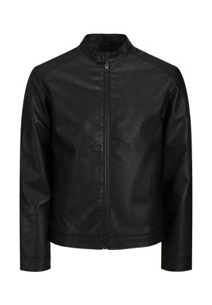 Črna jakna iz umetnega usnja z zadrgo spredaj, stoječim ovratnikom s sponko na pritrditev, dolgimi rokavi in stranskimi žepi.