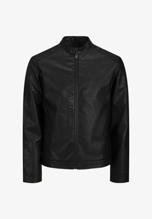Černá bunda z umělé kůže se zapínáním na přední zip, stojáčkovým límcem se zapínáním na druk, dlouhými rukávy a bočními kapsami.
