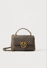 Quilted gray handbag with a structured shape, gold hardware featuring bird accents, a top handle, and an adjustable chain strap.