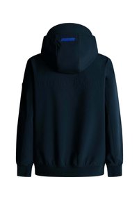 Temno modra kapuca z teksturiranim zaključkom, ki ima kapuco na vrvico, rebraste manšete in embossirano blagovno znamko "RED BULL RACING" na hrbtu.