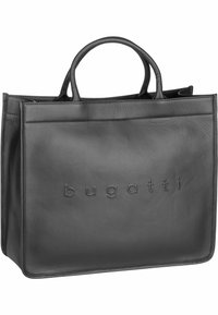 Zwarte leren tote bag met reliëf logo, gestructureerd ontwerp, twee ronde handvatten en minimale stikdetails. Stevige en veelzijdige vorm.