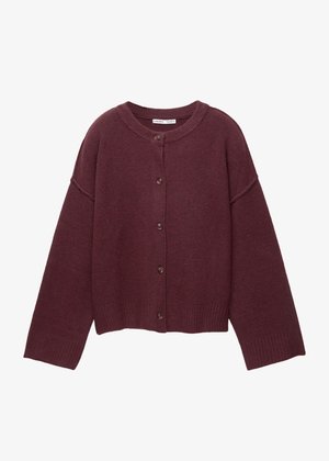 Vínový kardigan z měkké směsi vlny, s kulatým výstřihem, zapínáním na knoflíky a žebrovanými lemy na rukávech a spodním okraji. Oversized volný střih.