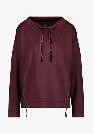 Vinrød langærmet sweatshirt med en bred krave, fløjlsagtige snore og to diagonale lynlåse nær kanten.