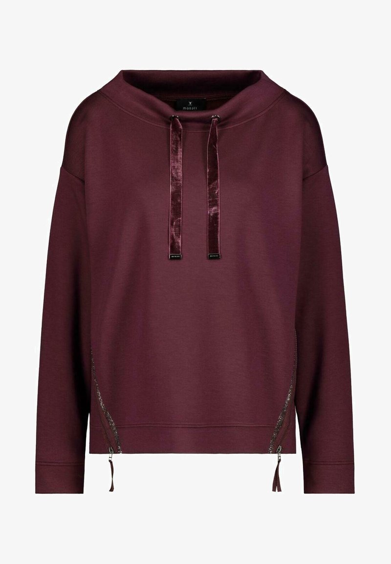 Sweat-shirt bordeaux à manches longues avec un col large, des cordons en velours et deux fermetures éclair diagonales près de l'ourlet.