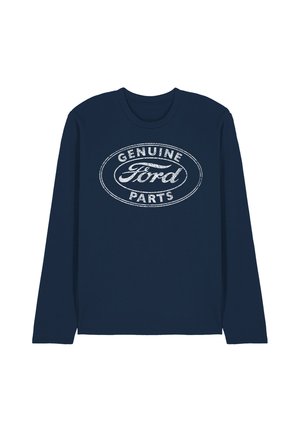 Navy long-sleeve shirt with white distressed oval logo reading "Genuine Ford Parts" centered on the front.