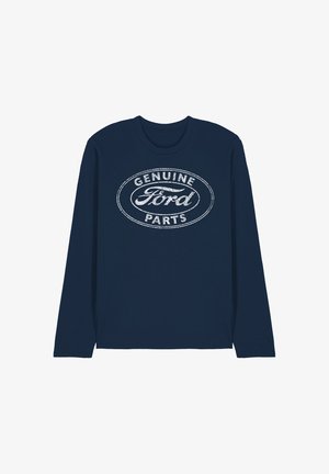 Navy long-sleeve shirt with white distressed oval logo reading "Genuine Ford Parts" centered on the front.