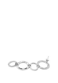 Bracciale d'argento caratterizzato da anelli circolari interconnessi, lisci e testurizzati, con un accento decorativo su un anello.