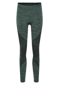 Legginsy w ciemnozielonym melanżowym materiale z czarnymi siateczkowymi akcentami. Posiadają wysoki stan oraz dopasowany, zwężający się krój na całej długości.
