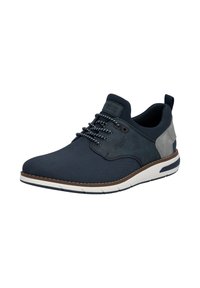 Navyblaue Freizeitsneaker mit weißer Sohle, grauem Fersenpatch, schwarzen und weißen Schnürsenkeln und einem niedrig geschnittenen, gestrickten Stoffdesign.