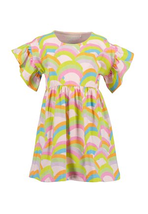 Abito a maniche corte in morbido cotone con scollatura rotonda, caratterizzato da un motivo arcobaleno colorato in rosa, verde, giallo e blu.