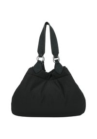 Bolso de tela negro con un diseño holgado, que cuenta con dos asas de cuero negro y herrajes metálicos circulares para un detalle adicional.