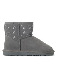 Stivale alla caviglia in suede grigio con punta arrotondata, caratterizzato da dettagli in cristallo con motivi floreali sul lato esterno e una suola in gomma testurizzata.