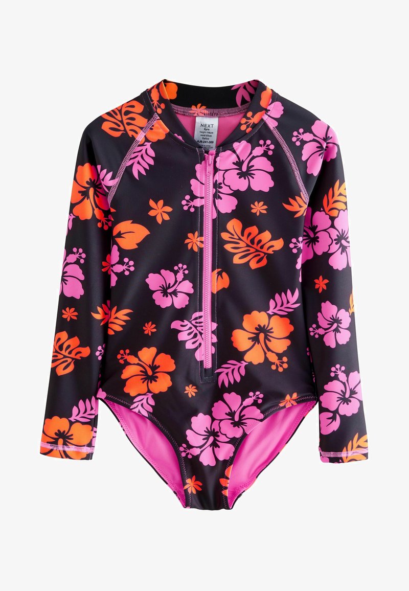 Langärmeliger schwarzer Badeanzug mit vorderem Reißverschluss, verziert mit leuchtend pinken und orangen Hibiskusblüten und tropischen Blättern, pinkes Innenfutter sichtbar.