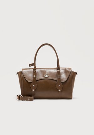 Brown leather handbag with two top handles, front flap, silver logo clasp, and detachable shoulder strap on light background.