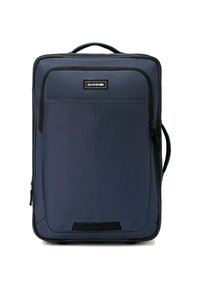 Borsa da viaggio Dakine in blu navy, realizzata in tessuto resistente, dotata di una tasca con zip frontale, manico superiore e fondo rinforzato con ruote.