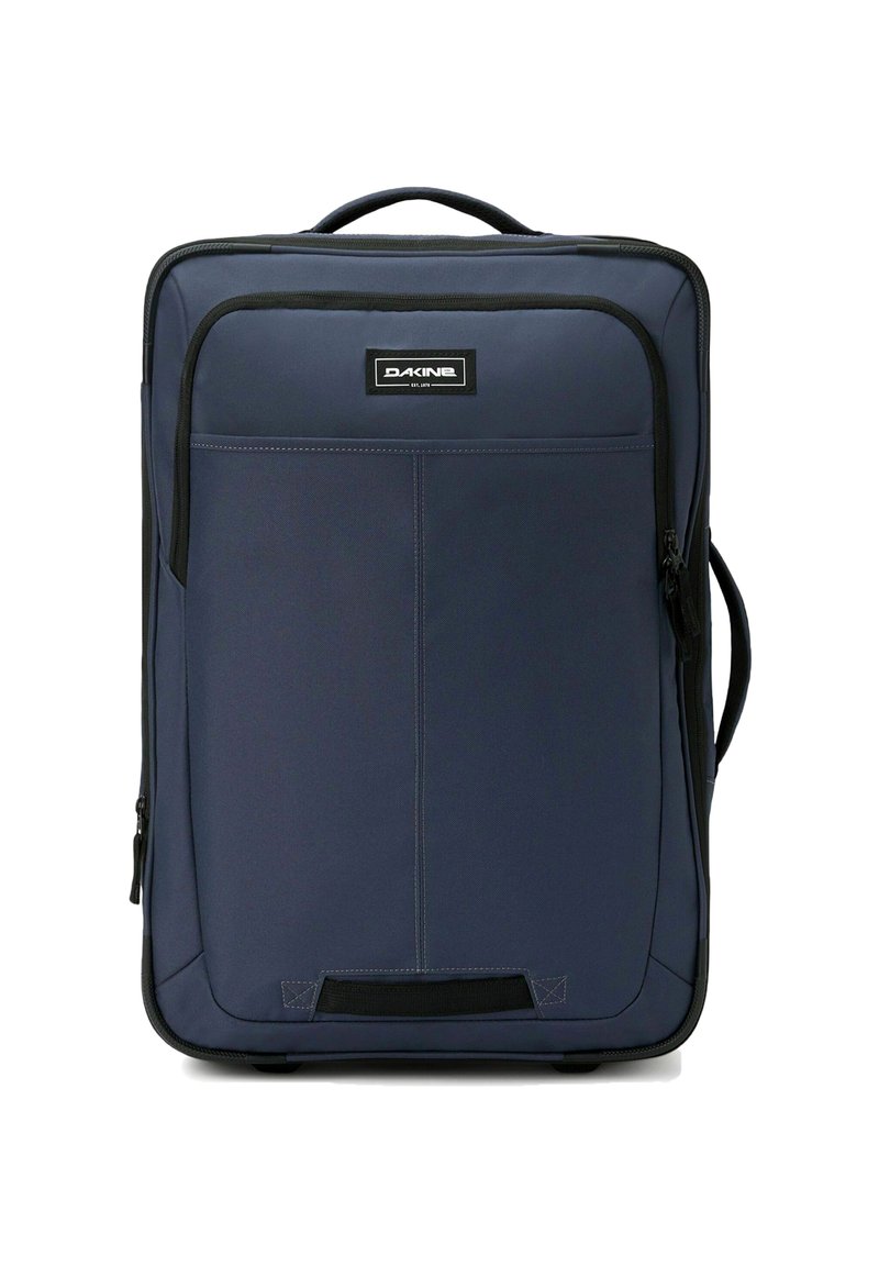 Borsa da viaggio Dakine in blu navy, realizzata in tessuto resistente, dotata di una tasca con zip frontale, manico superiore e fondo rinforzato con ruote.
