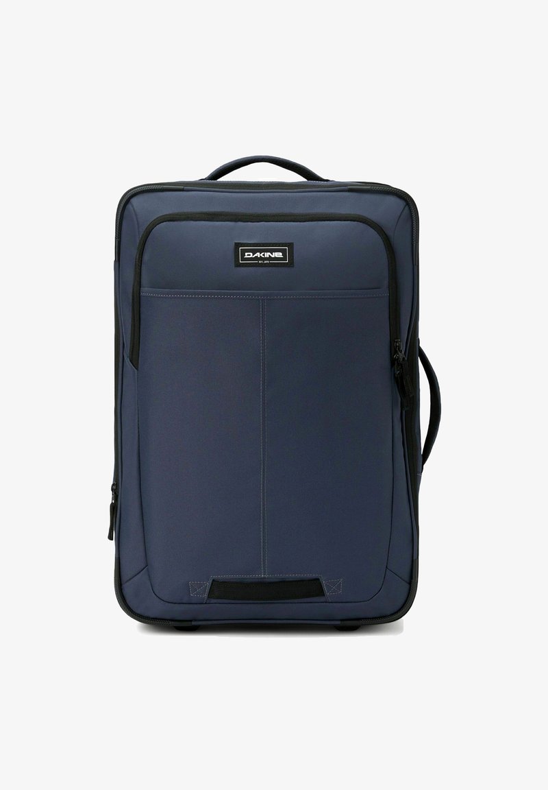 Borsa da viaggio Dakine in blu navy, realizzata in tessuto resistente, dotata di una tasca con zip frontale, manico superiore e fondo rinforzato con ruote.