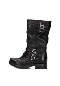 Black leather ankle boot with multiple buckle straps, rounded toe, low block heel, and soft textured finish.