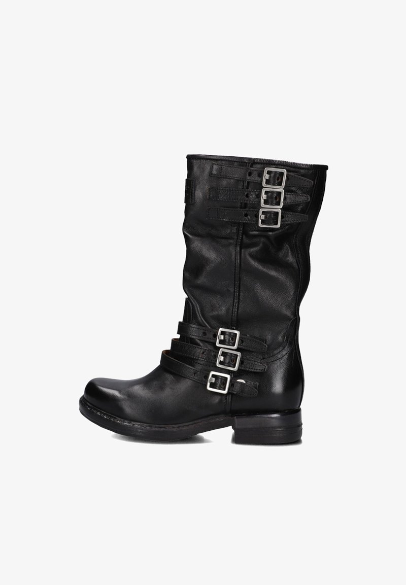Black leather ankle boot with multiple buckle straps, rounded toe, low block heel, and soft textured finish.