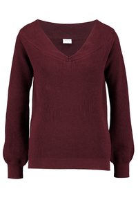 Burgundy stickad tröja med djup V-ringning, långa ärmar och ribbade manschetter och fållar. Texturerat tyg med vertikalt ribbat mönster.