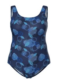Maillot de bain une pièce bleu marine avec un motif floral et de feuilles dans des nuances variées de bleu. Fabriqué en tissu lisse et extensible avec des bretelles larges.