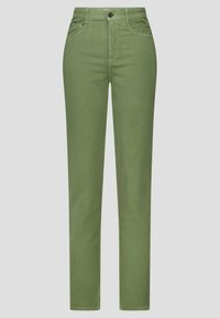 Groene broek gemaakt van een stevige stof, met een klassiek recht model, zijzakken en een knoopsluiting bij de taille.